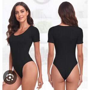TownCat XL Women’s Round Neck Short Sleeve Bodysuit Stretch Sexy Jumpsuit Black